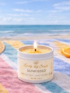 Sunkissed Mini 3.5 oz Soy Candle in white tin, from Lovely Life Scents